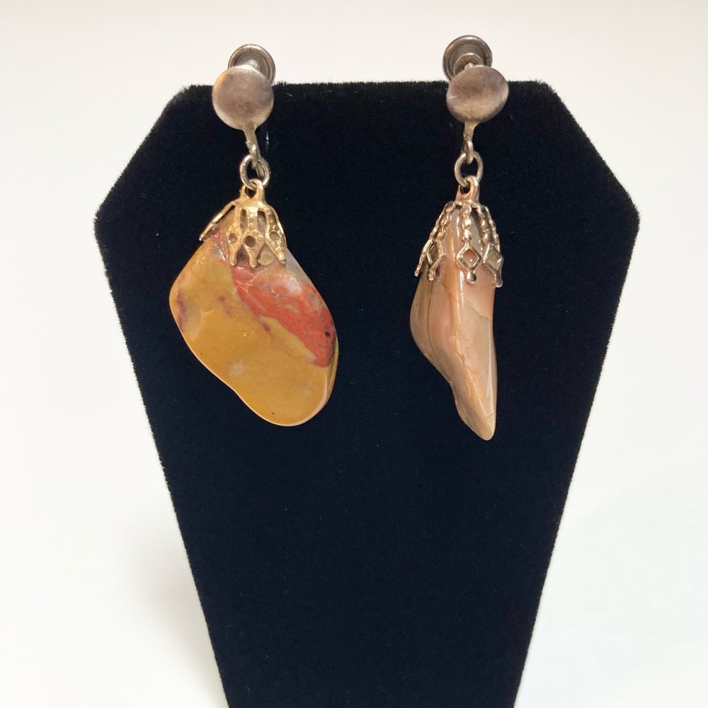 Antique Sterling Silver Red and Brown Jasper Screw Back Earrings